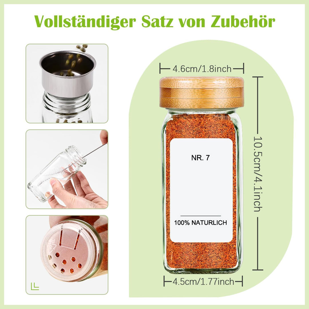 SAEIV Umweltfreundlicher Bamboo-Deckel Gewürzgläser Eckig -Set | 24Gewürzdosen Mit 120 Gewürzetikett