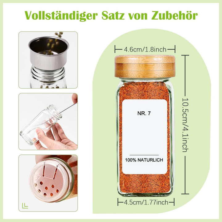 SAEIV Umweltfreundlicher Bamboo-Deckel Gewürzgläser Eckig -Set | 24Gewürzdosen Mit 120 Gewürzetikett