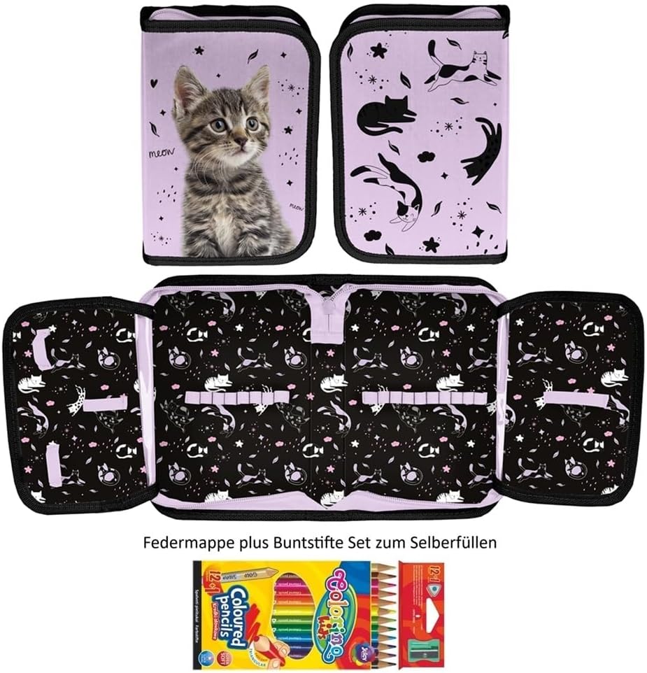 Familando - Schulranzen Set - 8-teilig mit Federmappe - Sweet Kitty Katze - Ergonomisch, stabil & mi