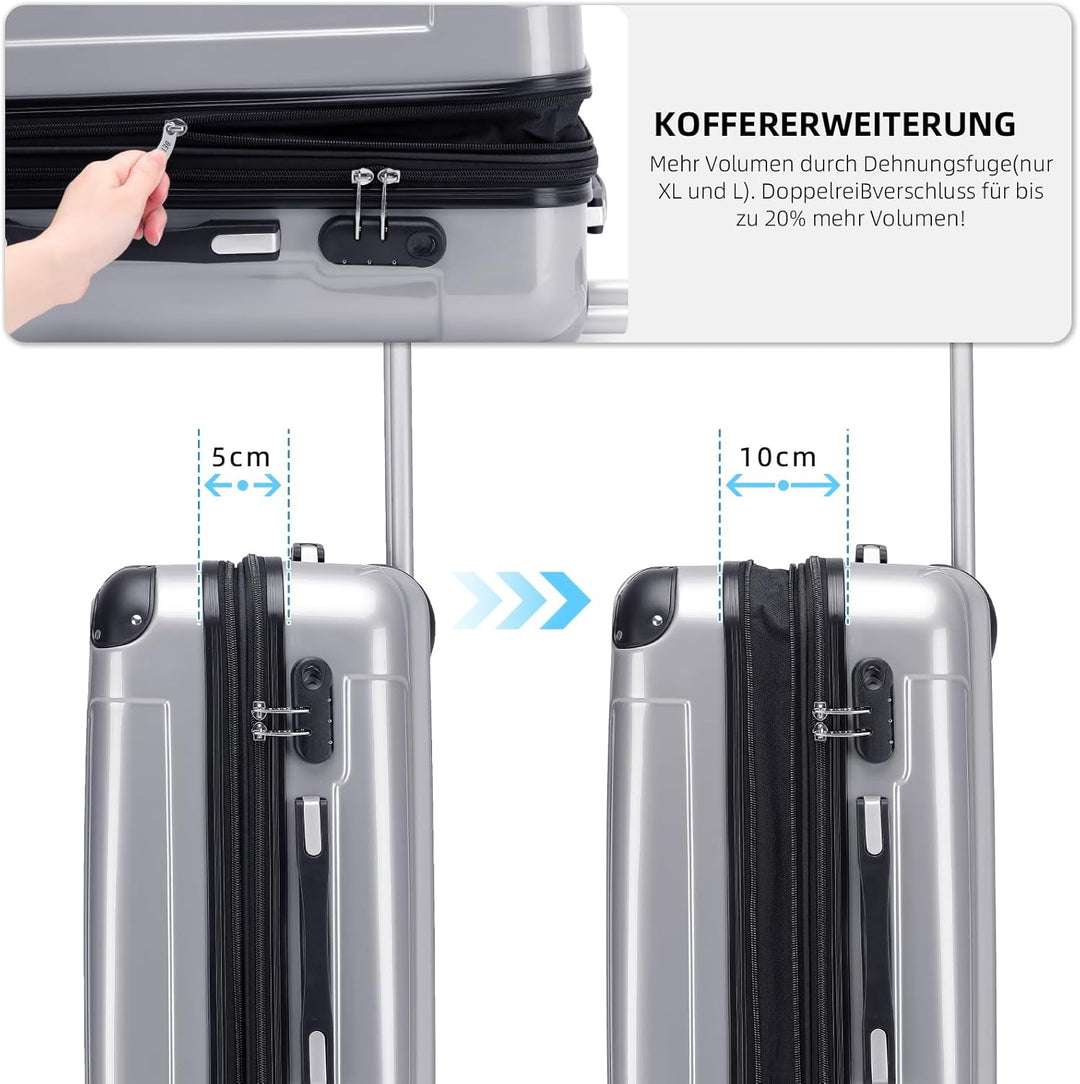 BEIBYE Hartschalen Koffer Trolley Rollkoffer Reisekoffer 4 Zwillingsrollen Polycabonat (Silber, 66cm