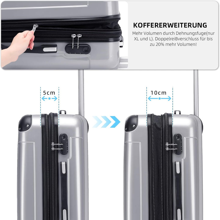 BEIBYE Hartschalen Koffer Trolley Rollkoffer Reisekoffer 4 Zwillingsrollen Polycabonat (Silber, 66cm