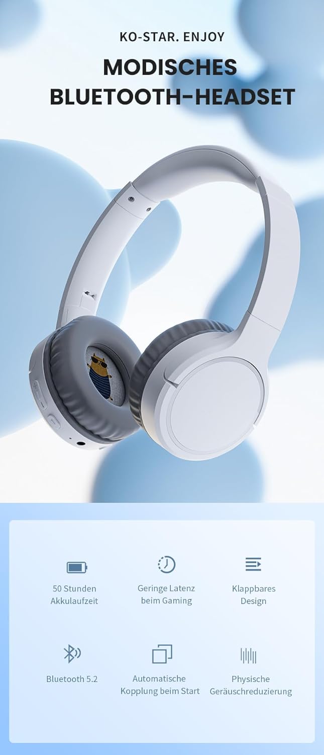 KO-Star BT-1700 Bluetooth Over-Ear Kopfhörer – BT 5.2, 40 mm Treiber, AUX & kabellos, Mikrofon, falt