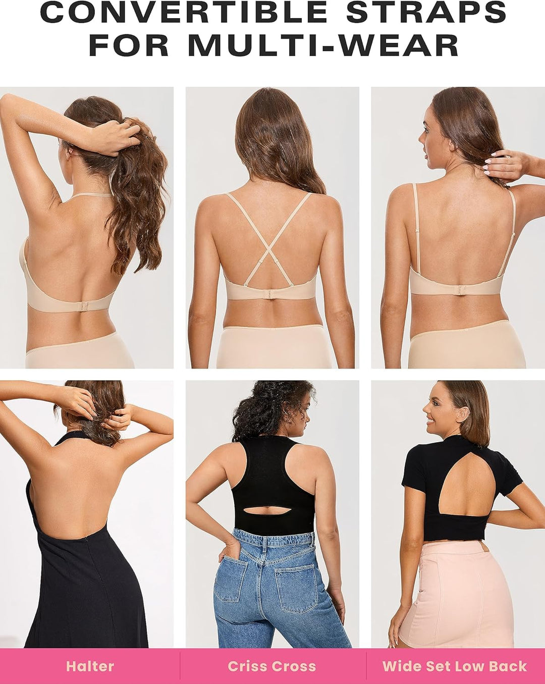 DOBREVA Damen tiefer Rücken BH Leicht Gepolstert Bügel T Shirt BHS Neckholder Unsichtbar Rückenfrei