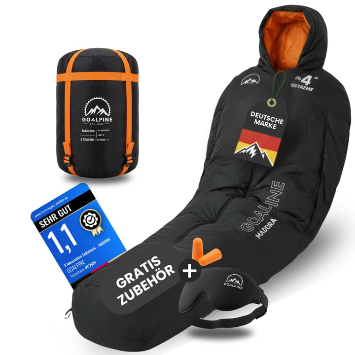 GOALPINE® Madeira Schlafsack für grosse Personen | 4 Jahreszeiten | mit Armöffnung | 400 GSM 0-10 Gr