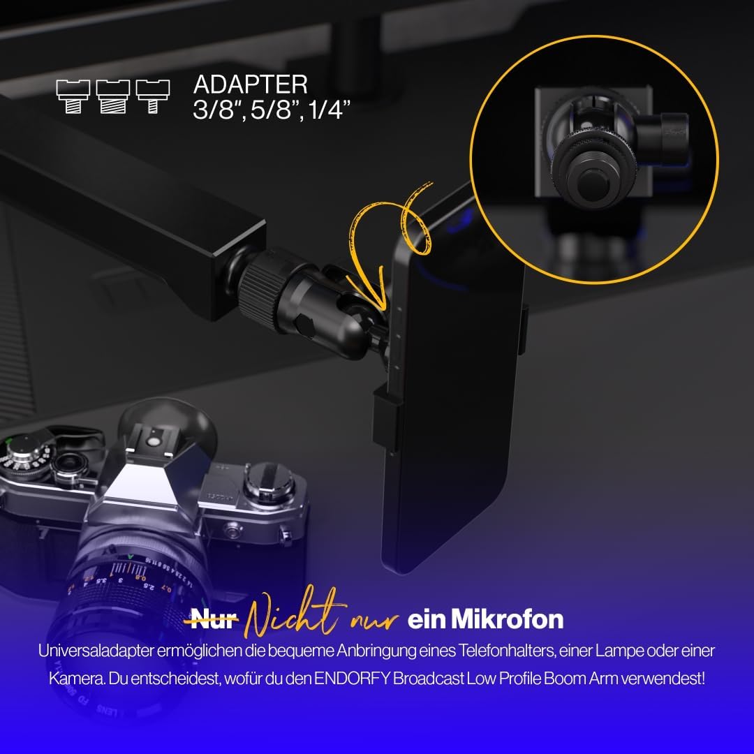 ENDORFY Broadcast Low Profile Boom Arm, Premium Low Profile Mikrofon Smartfone und Lichtarm mit Kabe