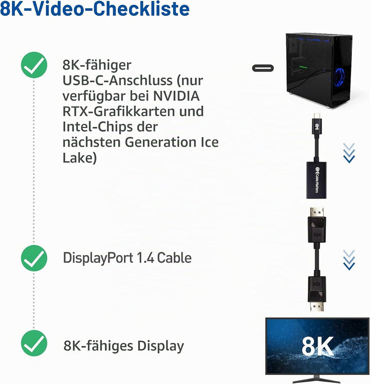 Cable Matters 8K USB C auf DisplayPort Adapter (USB C DisplayPort Adapter) DP 1.4 für 8K 60Hz - Thun
