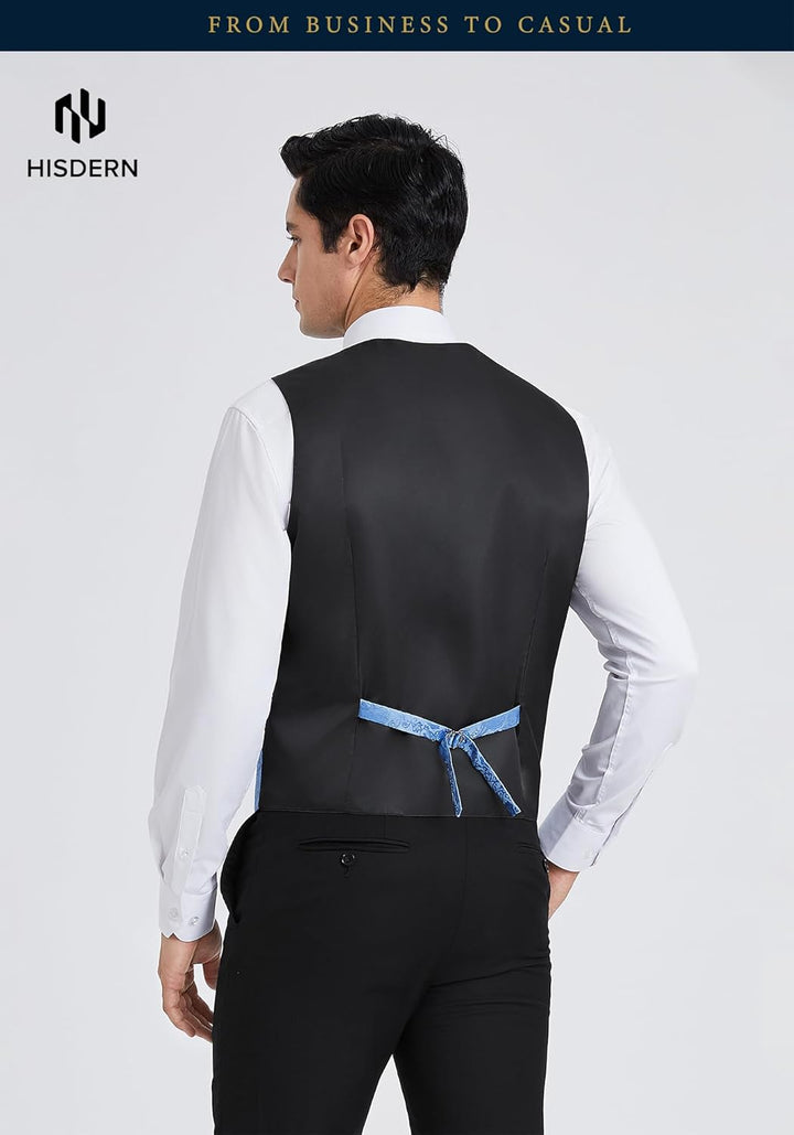 HISDERN Herren FLoral Hochzeit Weste Krawatte Einstecktuch Taschentuch Jacquard Weste Anzug Set S He