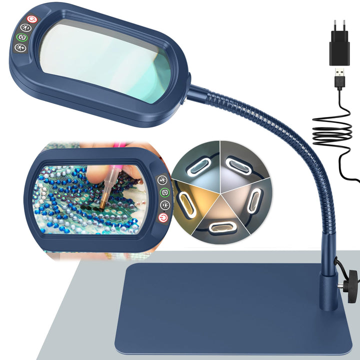 Drdefi 10X Rectangle Lupe mit Licht und Ständer, Echtes Glas Lupenlampe, 5 Farbmodi Stufenlos Dimmba