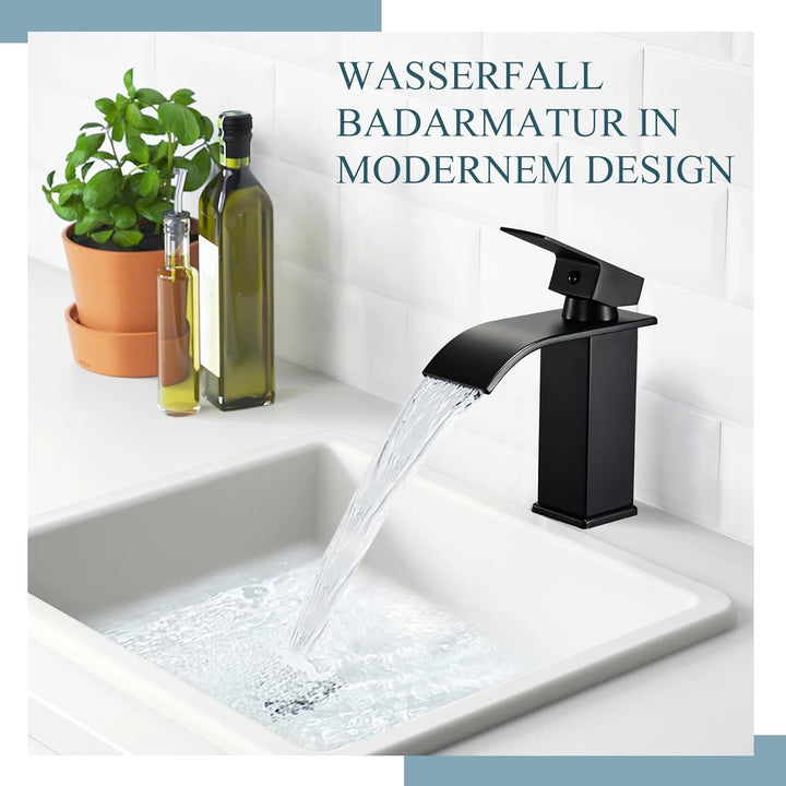 Schwarzer Wasserfall Wasserhahn, Matt Schwarz Waschtischarmatur für Badezimmer, Einhebelmischer Warm