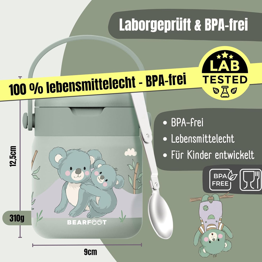 BEARFOOT Kinder Thermobehälter Edelstahl 500ml, BPA-frei (Koala - Grün) | Auslaufsicher, mit faltbar