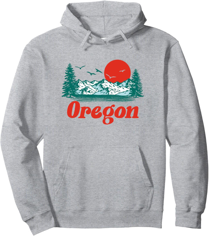 Retro Oregon Mountain Trees & Sun Scene Graphic Pullover Hoodie