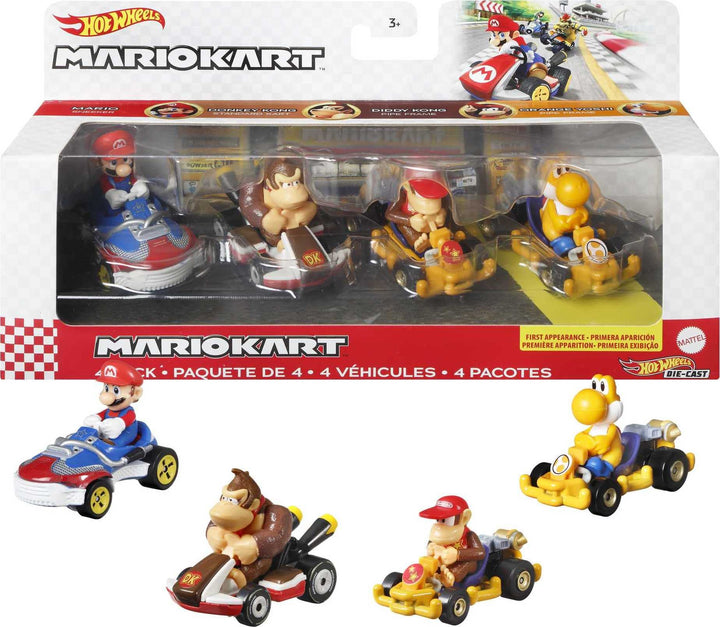 Hot Wheels HDB22 - Mario Kart-Fahrzeug (4er-Pack), Set mit 4 beliebten Figuren, darunter 1 Exklusive