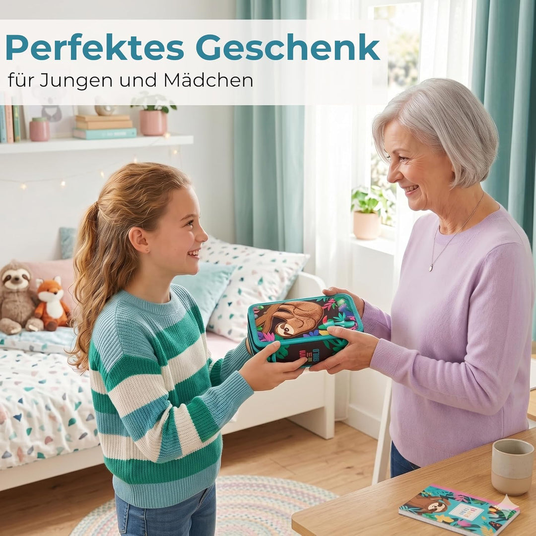 Goldkids Federtasche 3-fache Federmappe Schülerplaner Faultier Federmäppchen 46-teilig gefüllte Schü
