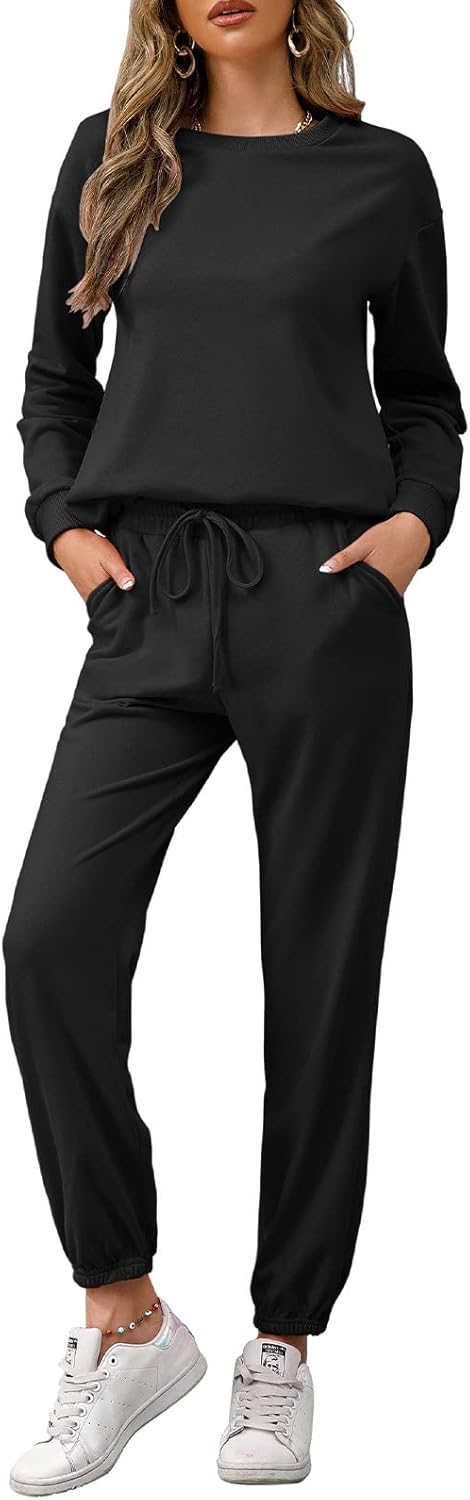 REORIA Damen Tracksuit Langarm Rundhalsausschnitt Einfarbig Zweiteiler Outfit Hoodie Jogger Training
