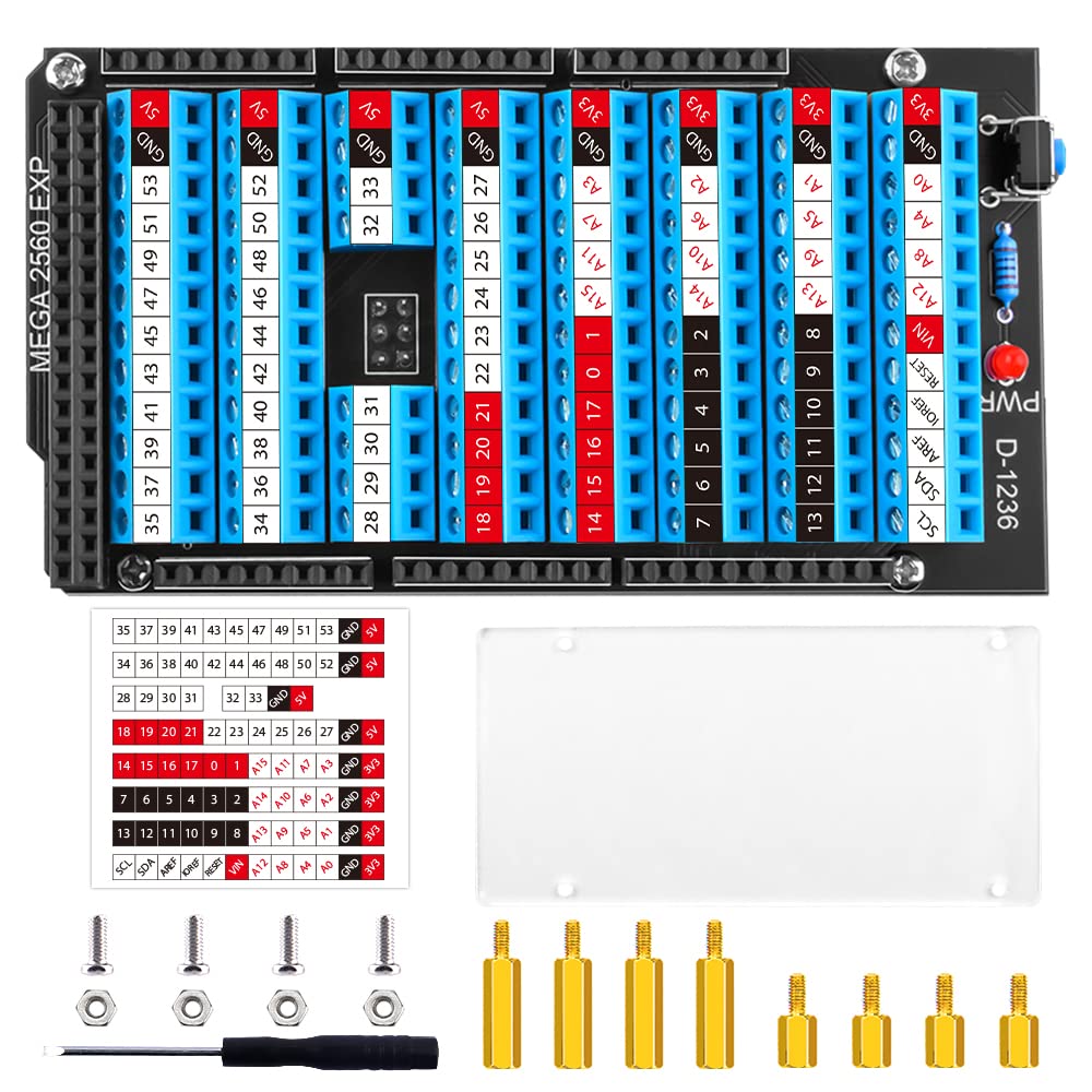GeeekPi MEGA 2560 R3 Terminal Block Breakout Board HAT with Reset Button and LED Indicator, GPIO Exp