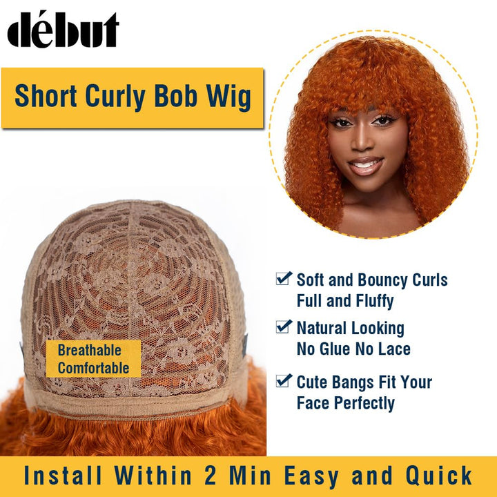 DÉBUT Echthaar Perücke mit Pony Kurze lockige Bob Perücke Echthaar Jerry Curl Bob Perücke für schwar