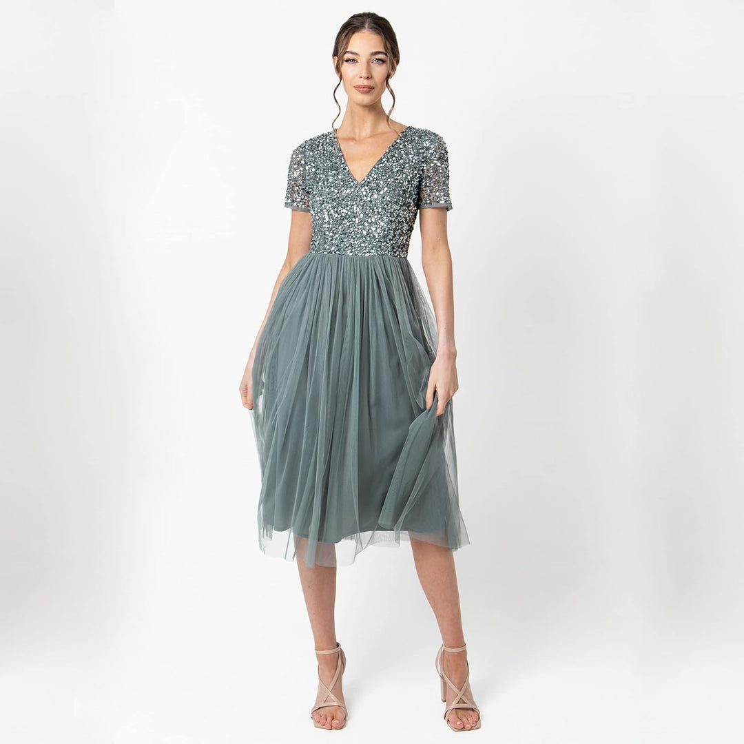 Maya Deluxe Damen Midi-Kleid mit V-Ausschnitt, Verziert Brautjungfernkleid Grün (Misty Green) 40, Gr
