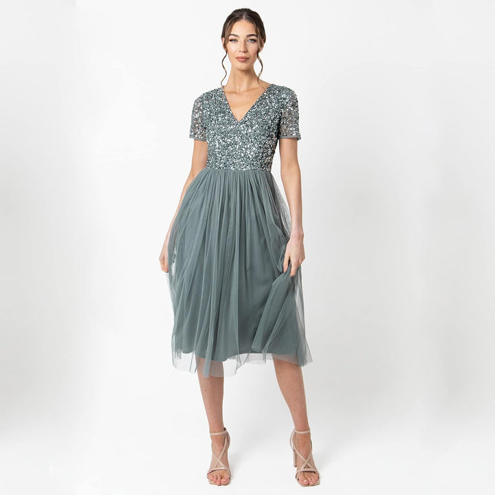 Maya Deluxe Damen Midi-Kleid mit V-Ausschnitt, Verziert Brautjungfernkleid Grün (Misty Green) 40, Gr