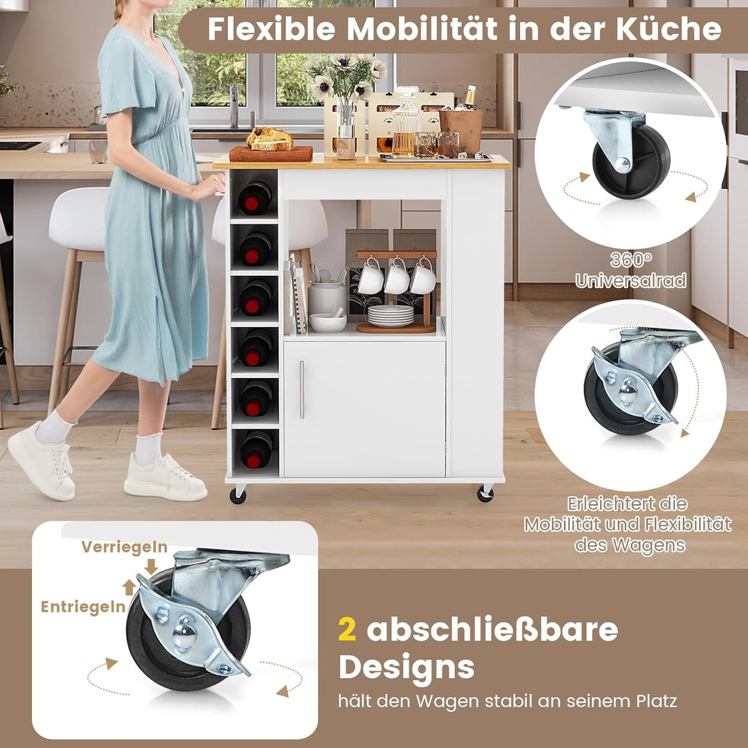 COSTWAY Küchenwagen auf Rollen, Servierwagen mit Arbeitsplatte & Handtuchhalter & Gewürzregalen, Wei