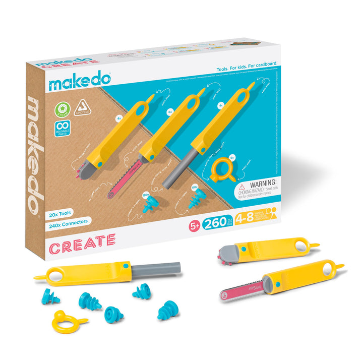 Makedo Create | Werkzeugkasten aus recycelter Pappe im kleinen Werkzeugkasten (260 Teile) | STEM- un