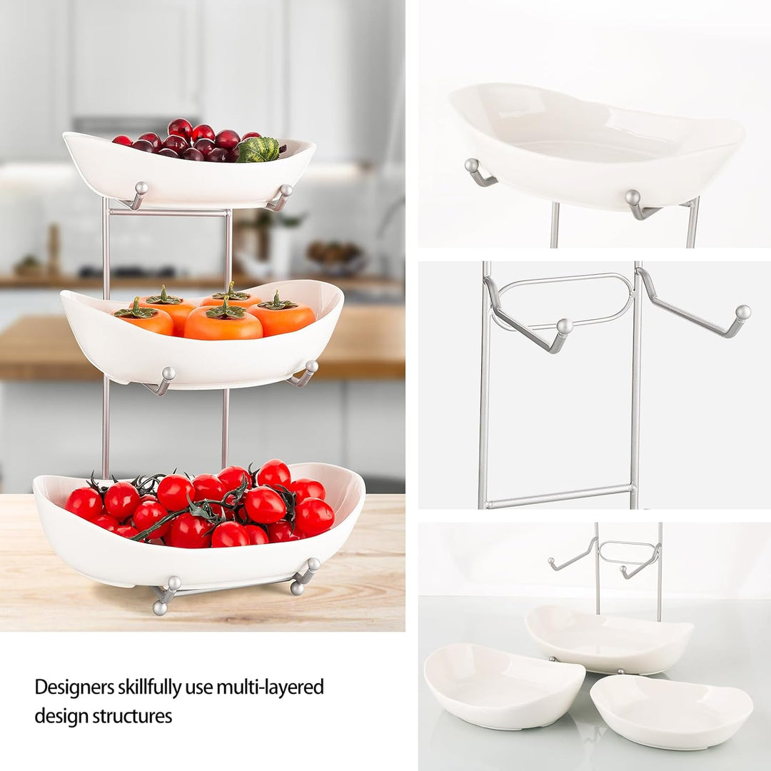 XUDREZ Obst Etagere mit 3 Etagen Obstschalen aus Keramik, Platzsparendes Obstkorb Etagere für die Fa