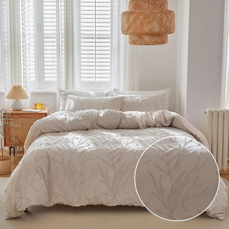 Freyamy Böhmen Bettwäsche 155x220cm 2teilig Beige Getuftet Blumen Zweig Bettwaren-Sets Boho Stickere