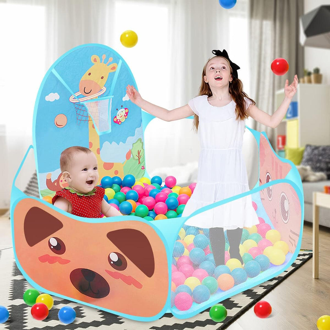 Ruspela Kinder Pop Up Faltbares Cartoon Spielzelt Pit Pool mit Basketballkorb Blau