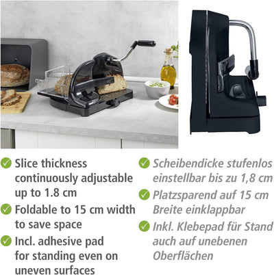 WENKO Brotschneidemaschine Schwarz, Schneidemaschine für Brot aus Kunststoff mit Edelstahlmesser, Fü