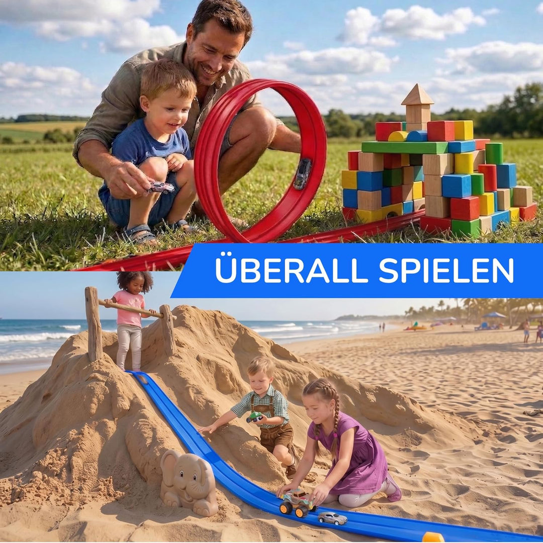 Autorennbahn Flexible Rennstrecke mit 4 Autos & Tragtasche – Soft Rennbahn Spielzeug für Kinder ab 3
