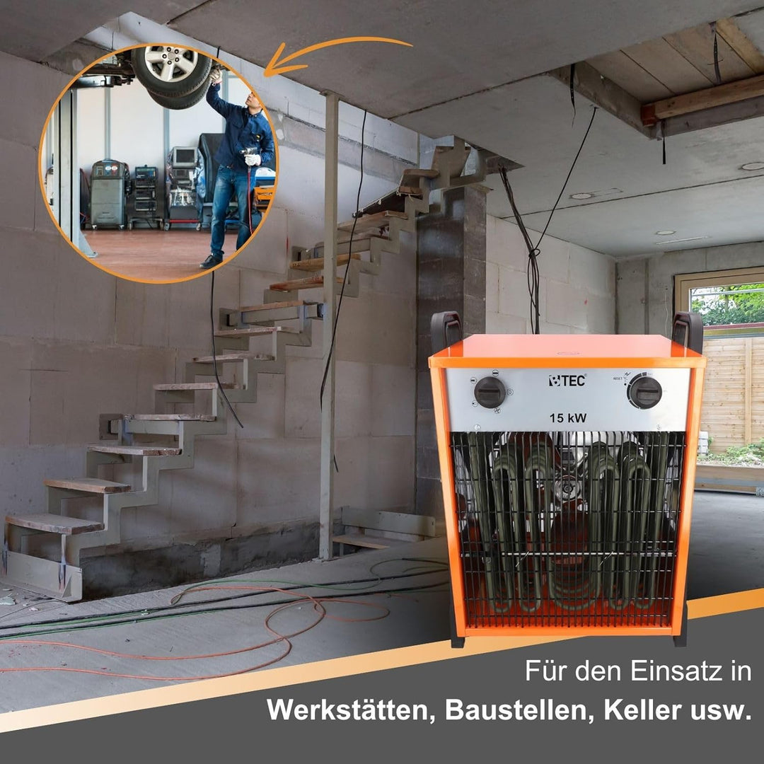 BTEC Heizlüfter 15000 Watt - Elektroheizer - 3 Heizstufen - Frostwächter - Perfekt für Baustelle, We