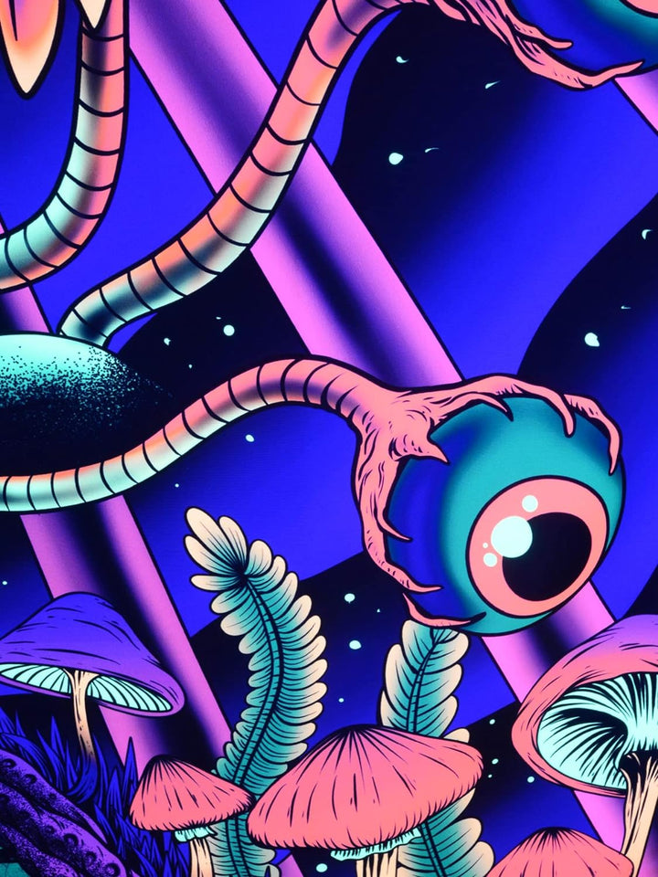 PSYWORK Schwarzlicht Stoffposter Neon | Alien Godness | 1,5 x 2,25m | UV-aktiv | fluoreszierend | Wa