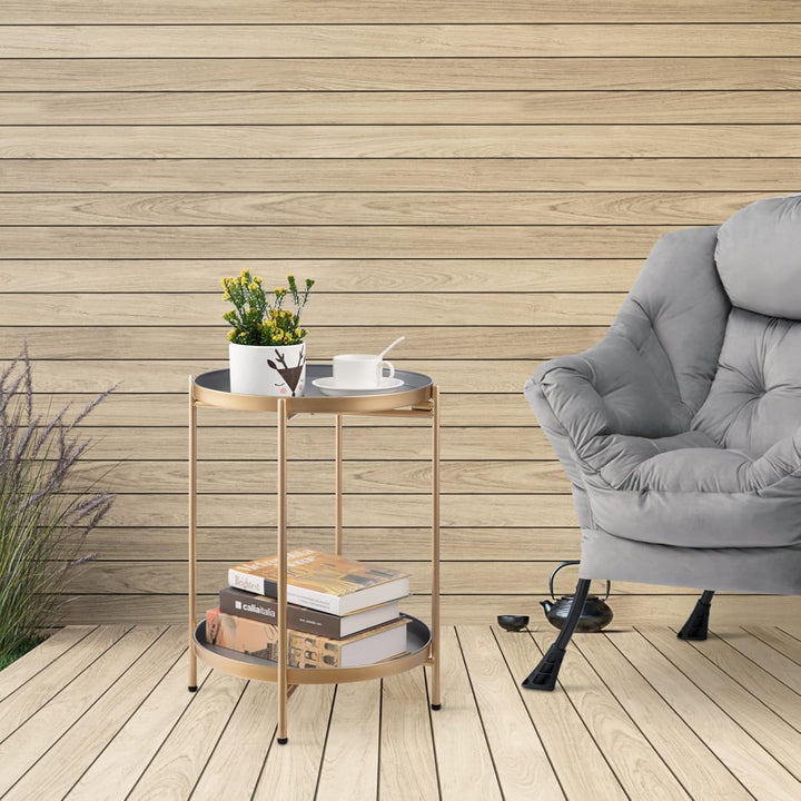 HollyHOME Rund Beistelltisch, 2 Ebenen Beistelltisch Metalltablett, Snacktisch, Balkontisch, Teetisc