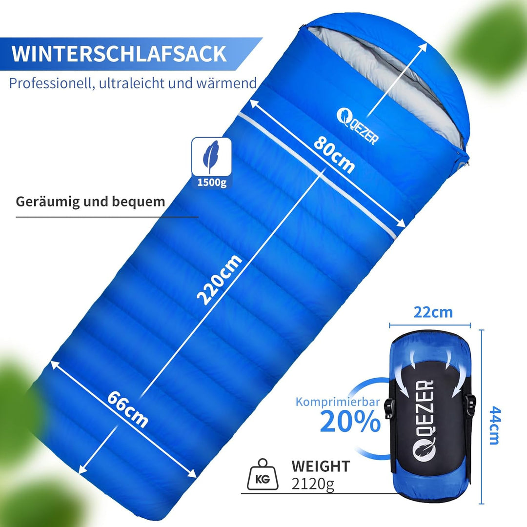 Daunenschlafsack, 4-Jahreszeiten-Schlafsack, Winterschlafsack -3°C bis -20°C Geeignet für Camping, W