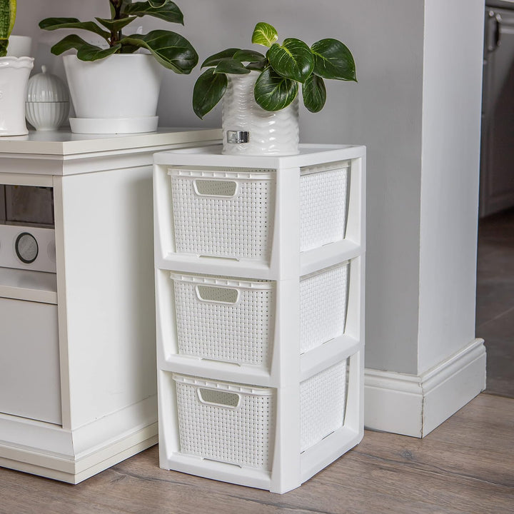 BranQ - Home essential Regal in Rattan Design, BPA-freie Kunststoff PP, Weiss, 29,5x24x48,7 cm, 3 Kö