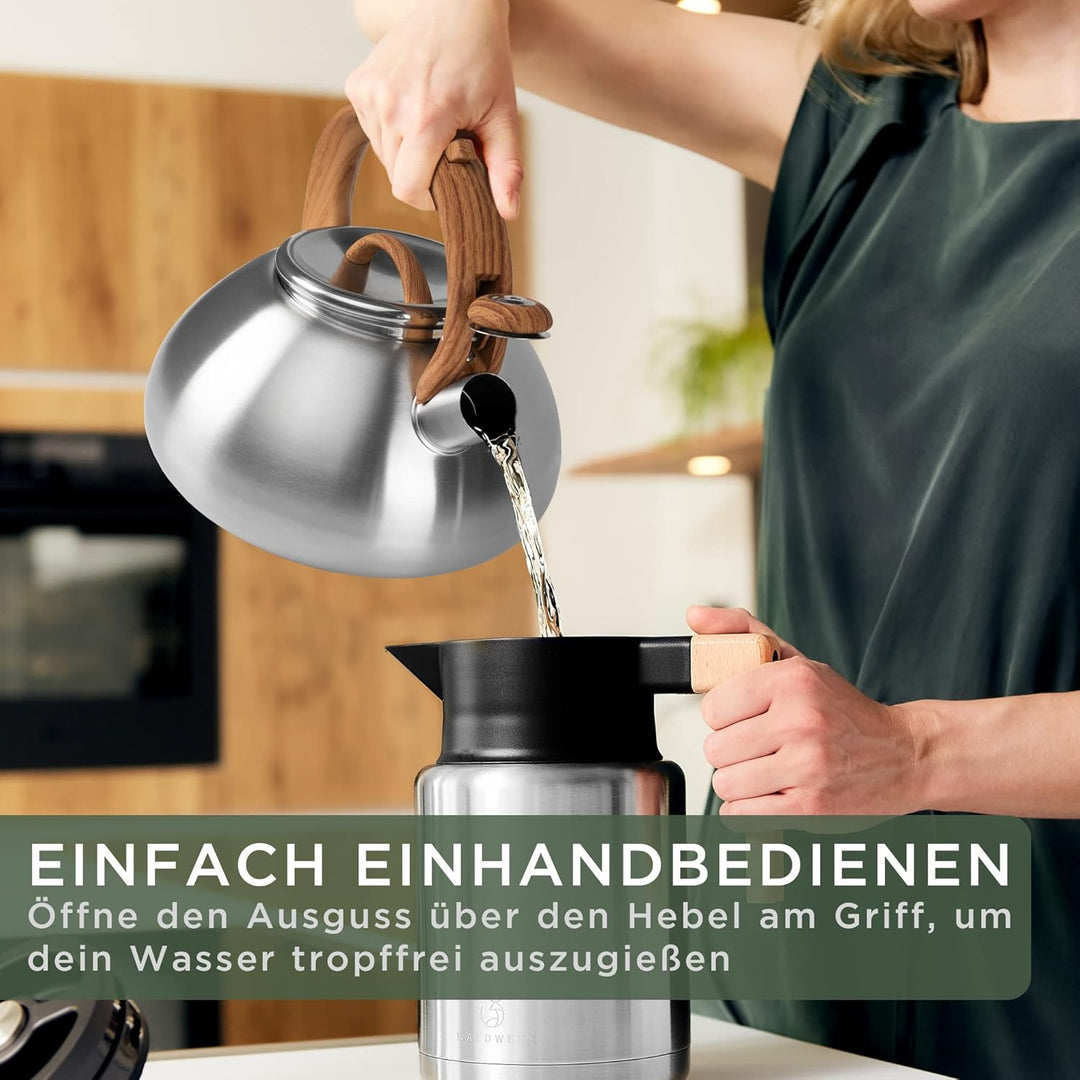 WALDWERK Wasserkessel (2,3L) - Wasserkessel für Induktion und Gasherd - Teekessel mit Holzoptik Grif