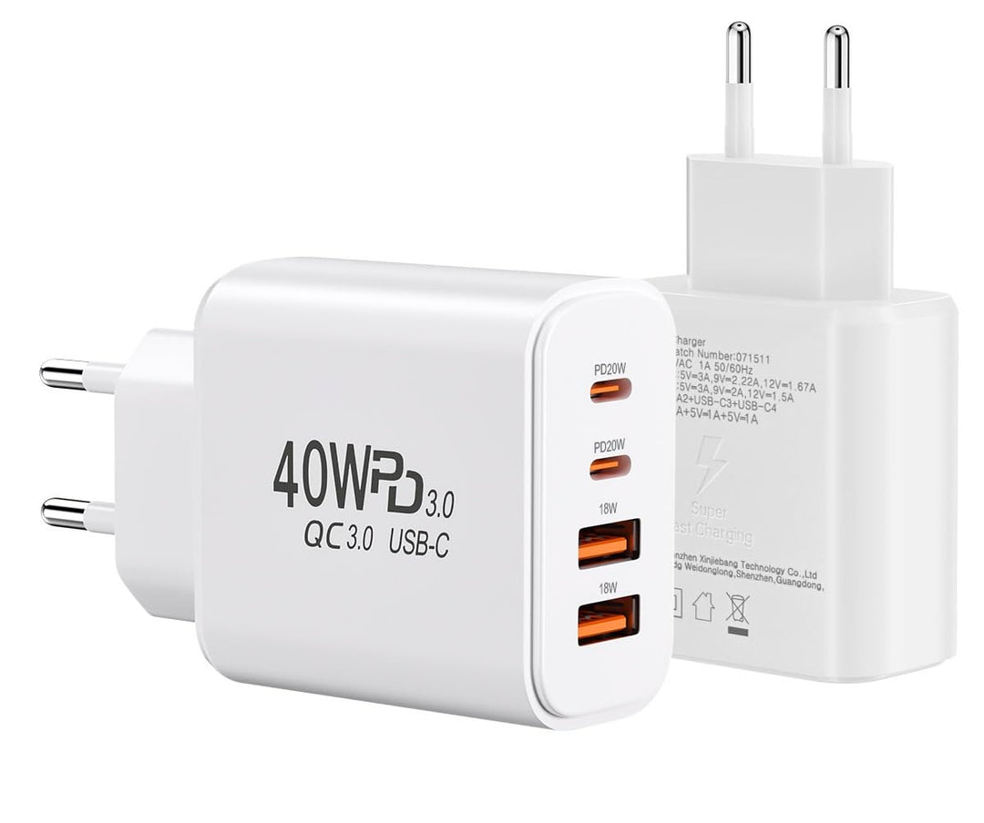 40W USB-Ladegerät mit 4 Kabeln, 2 USB-C + 2 USB-A Anschlüssen Wandladegerät für iPhone, Samsung, And