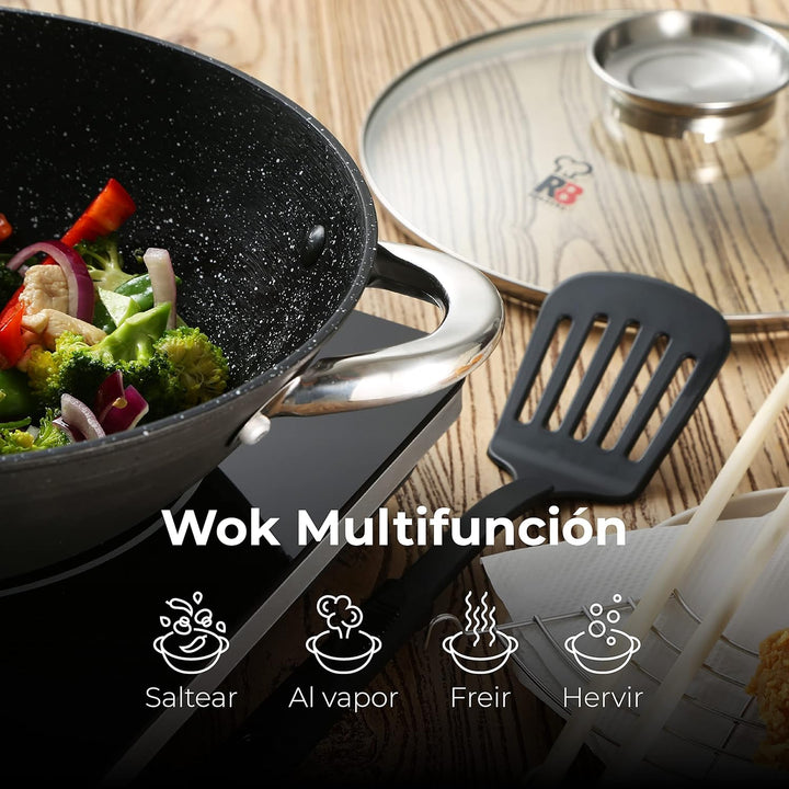 Renberg - Wasabi Wok Gusseiserne Wokpfanne 28cm| Mit Marmorbeschichtung| Mit Glasdeckel| Mit Nylonsp
