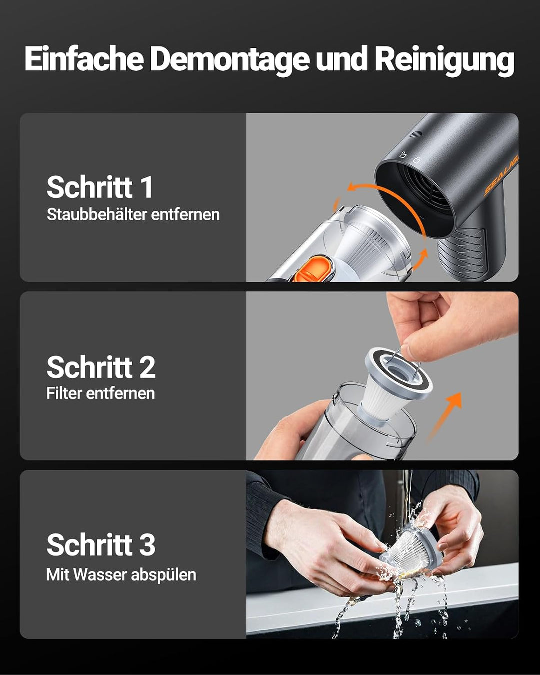 SEALIGHT Handstaubsauger, 32000PA Handstaubsauger Akku Kabellos, 4-in-1 Autostaubsauger Stark mit Bü