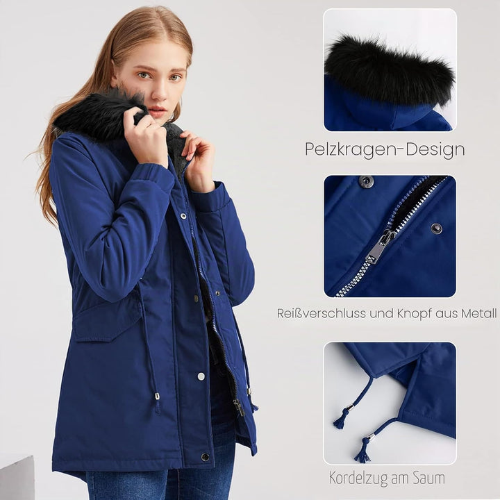 Tuopuda Jacke Damen Wintermantel mit Kapuze Reissverschluss Parka Mantel Langarm Hooded Jacket Schwa