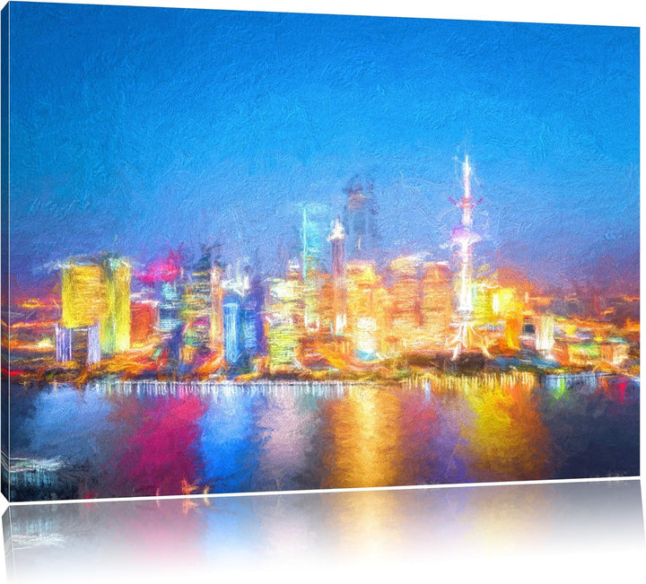 Pixxprint Skyline von Shanghai als Leinwandbild/Grösse: 100x70 cm/Wandbild/Kunstdruck/fertig bespann