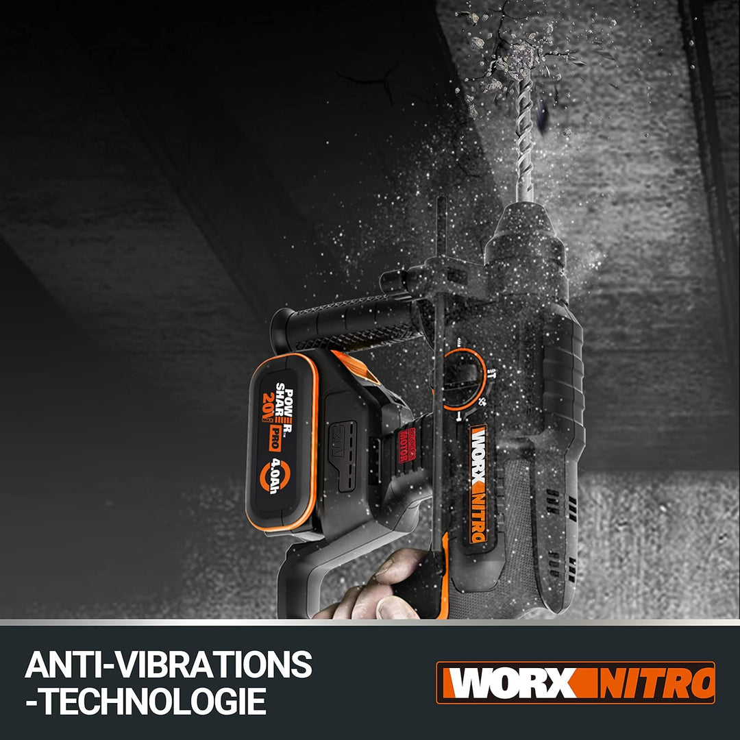 WORX NITRO WX381 Akku Bohrhammer 20V- bürstenloser Motor - multifunktionales Werkzeug zum Bohren, Ha