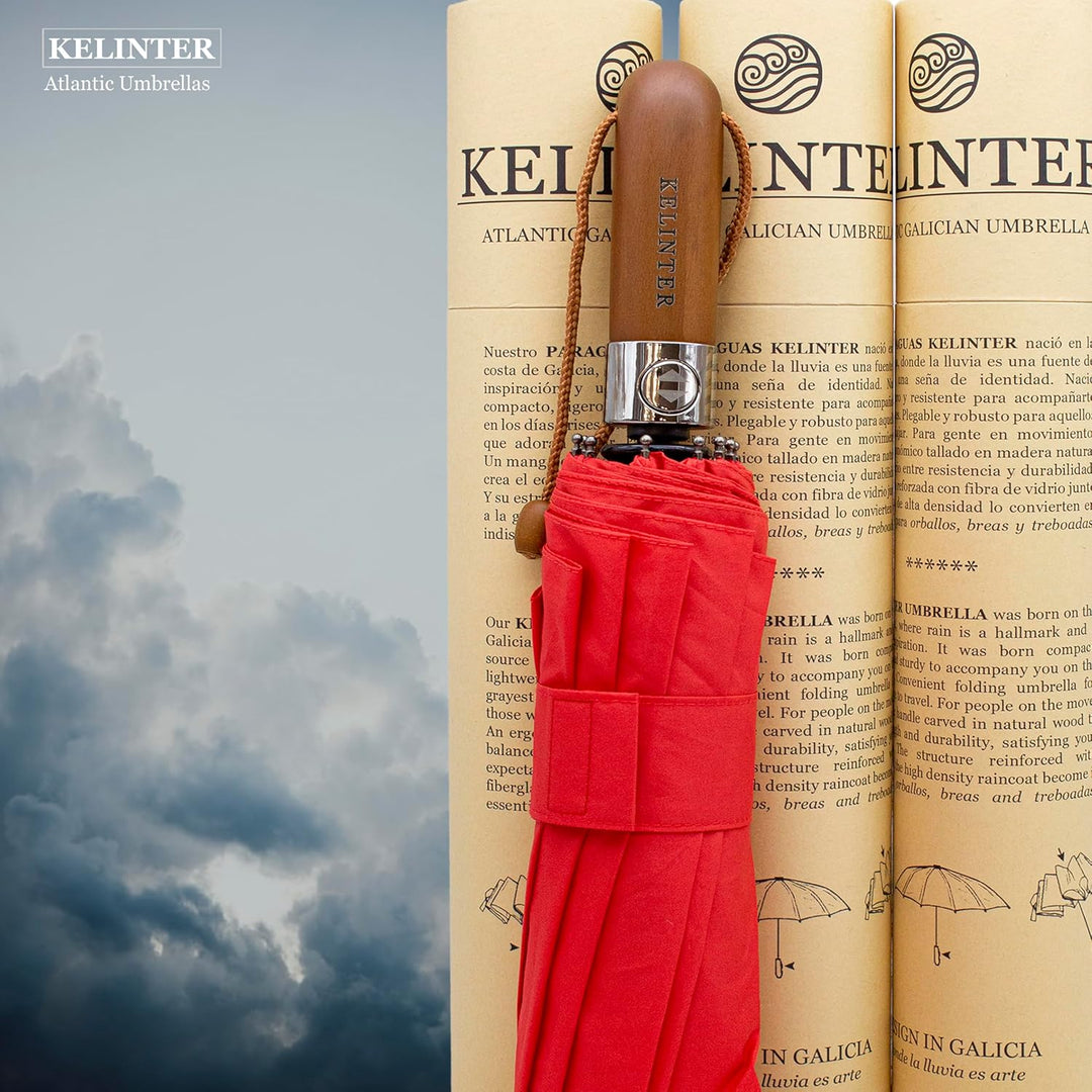 Automatischer Klappschirm - 10 Verstärkte Streben, Teflon 300T, Windsicher, Holzgriff Ergonomisch, K