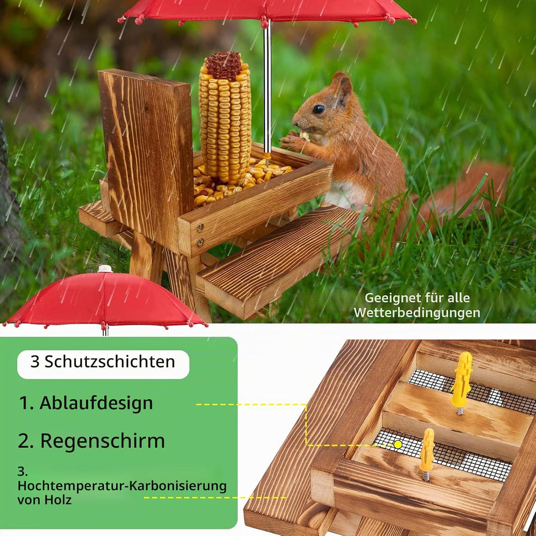 MIXXIDEA Eichhörnchen-Futterstation aus Holz mit Regenschirm, Eichhörnchen-Picknicktisch für drausse