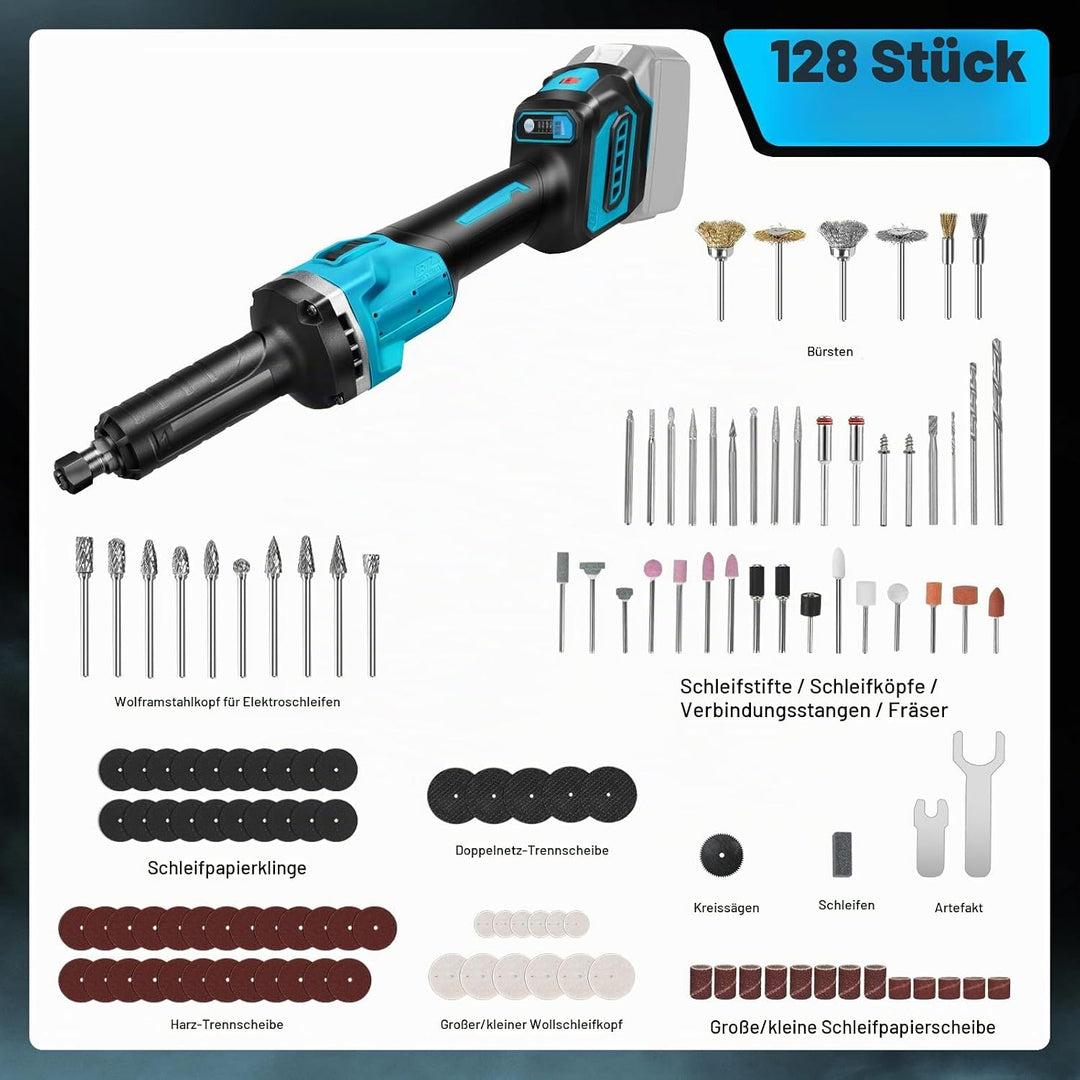 Akku Geradschleifer Kompatibel mit Makita 18V, Brushless Professional Stabschleifer mit 128PCS Zubeh