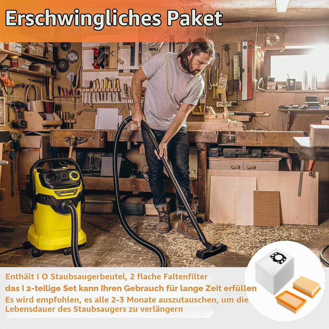 Ruucy 10 Staubsaugerbeutel für Kärcher WD5 WD4 WD6 MV4 MV5 MV6, Schmutzfangsack und Flachfaltenfilte