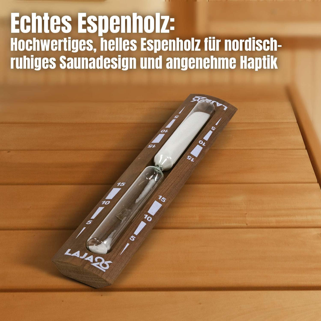 LaJa26 Sauna Sanduhr "Konkav" weisser Sand - FSC Espenholz - Drehgestell aus Holz zur Montage an der