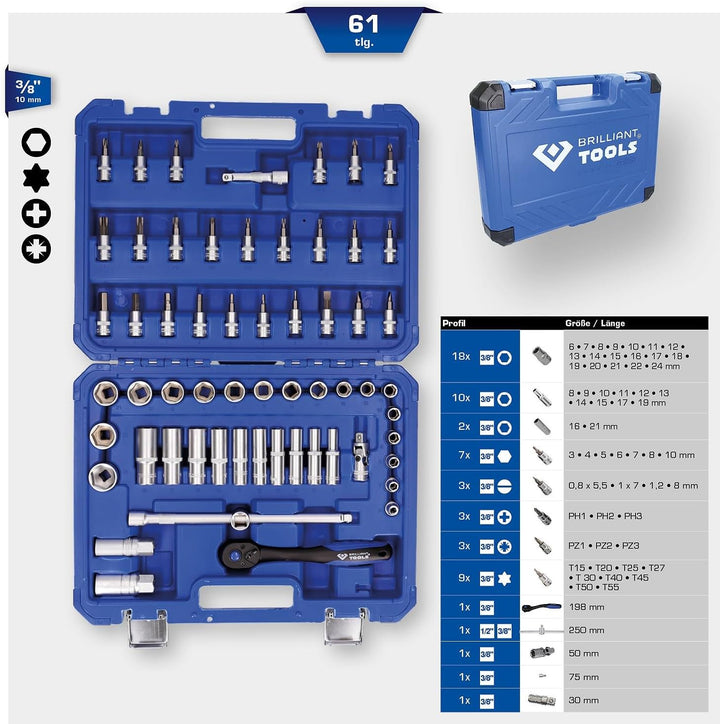 BRILLIANT TOOLS BT021061 3/8 Zoll Steckschlüssel-Satz, 61-tlg [Powered by KS TOOLS]