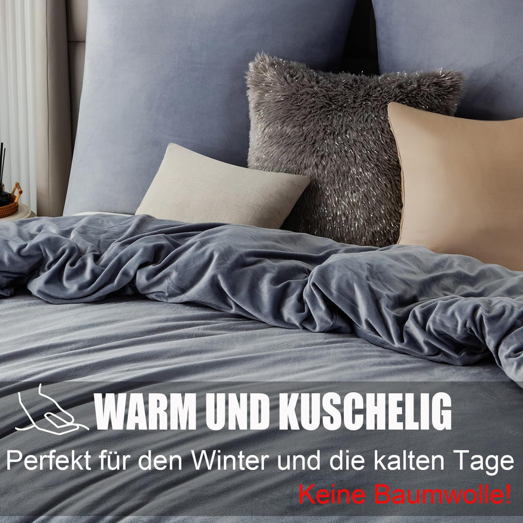 Soifox Winter Flanell Bettwäsche 180x200 - Grau Flauschige und Warme Cashmere Touch Bettbezug + Kiss