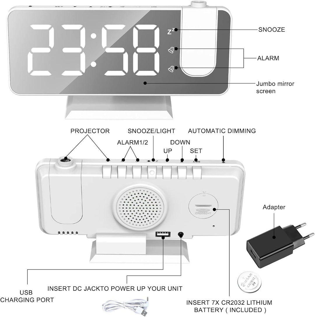 Exmate Projektionswecker, Digital Wecker mit Projektion, USB-Ladeanschluss, 7.5'' grosses Spiegel-LE