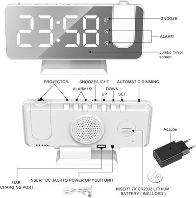 Exmate Projektionswecker, Digital Wecker mit Projektion, USB-Ladeanschluss, 7.5'' grosses Spiegel-LE